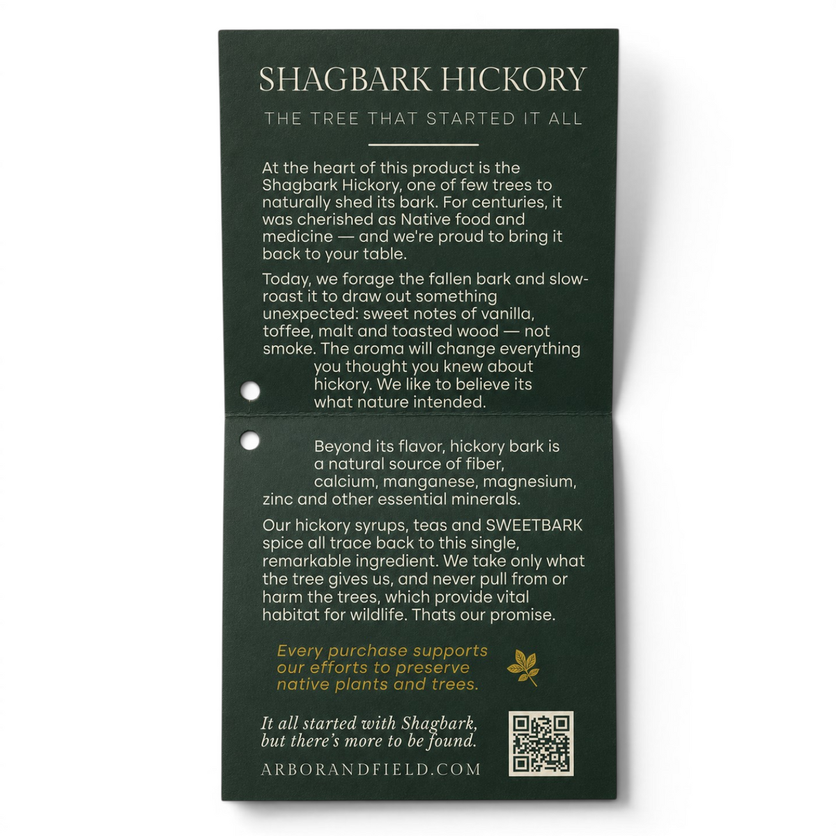 Inside of a dark green gift tag with cream text and information about the shagbark hickory tree, product craft and pledge to support tree preservation. Clean white background, premium look and feel.