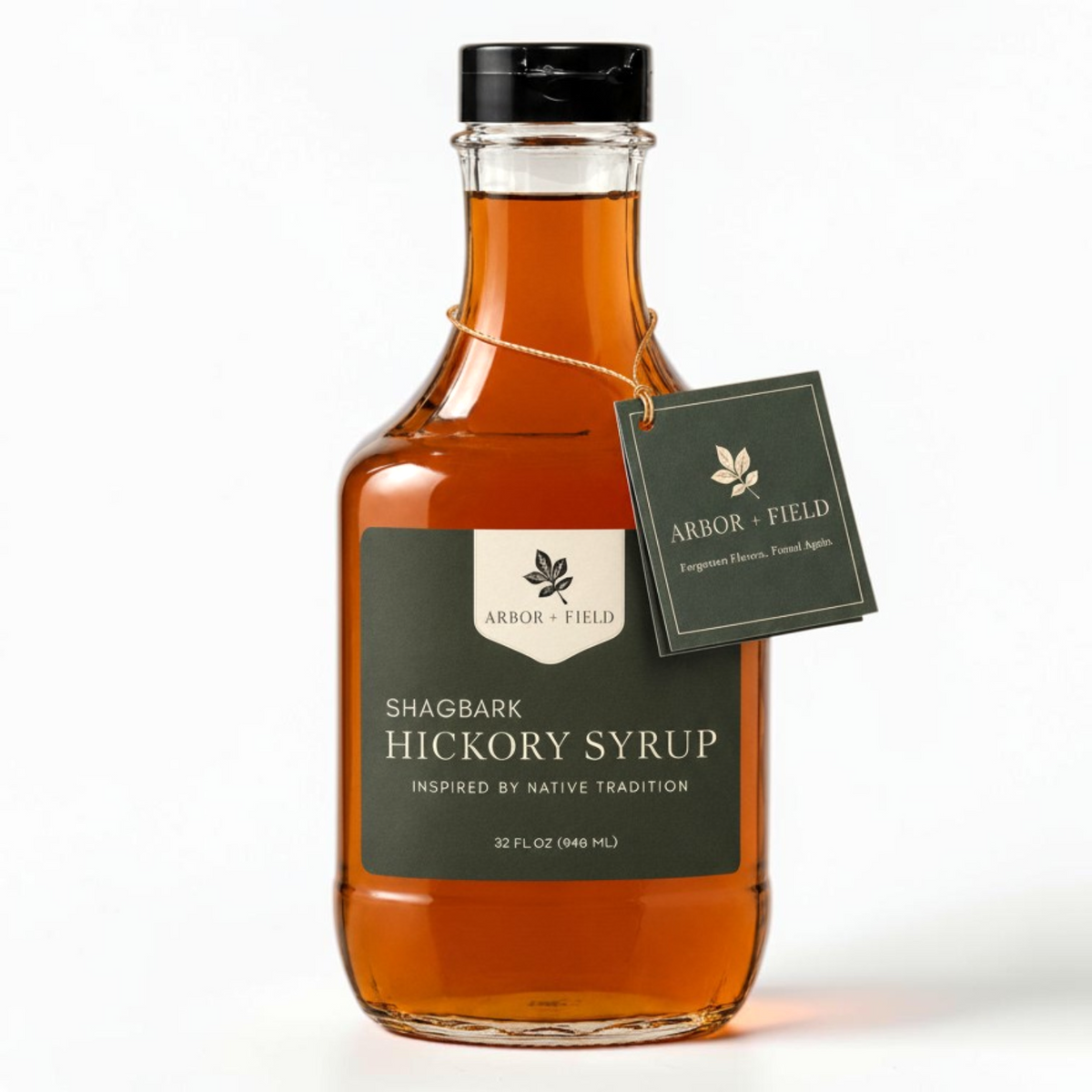 Shagbark Hickory Syrup 32 oz decanter bottle with green and cream Arbor and Field Label on the front, a gold wax dipped cap and dark green gift tag hanging around the neck of the bottle  from a gold string. Clean white background, premium look and feel. 