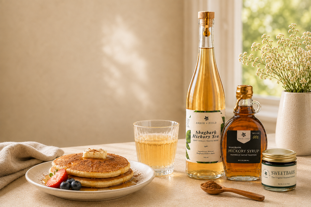 Arbor + Field Shagbark Hickory tea, syrup and SWEETBARK with brewed tea and pancakes on a sunlit farmhouse table