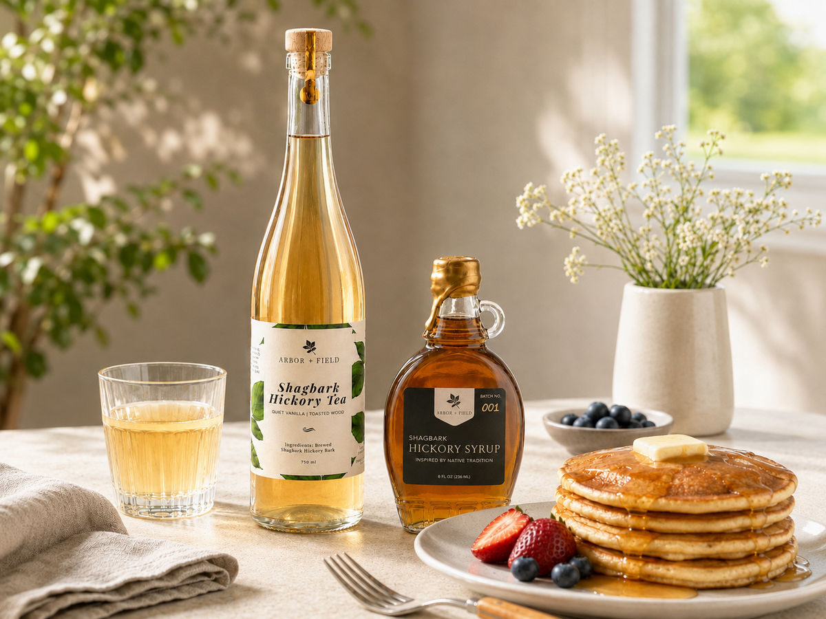 Arbor + Field hickory tea and syrup beside pancakes and berries on a sunlit table, with a country window in the background.